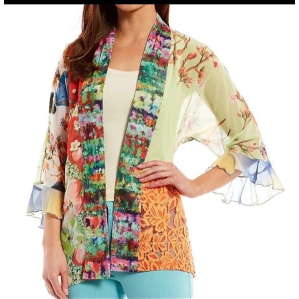 John Mark Kimono Cardigan Women's 1X Multicolor Mixed Media Floral Lace EUC